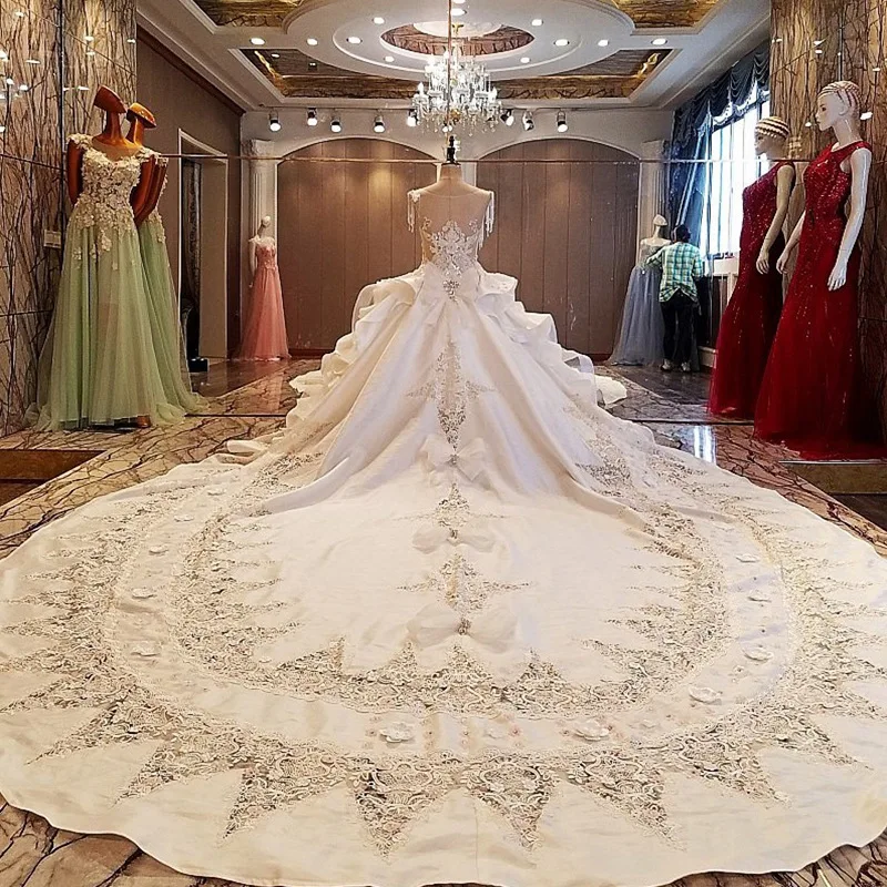 SWEMILE 100% Real Photo Luxury Royal Wedding Dress Beaded Cap Sleeve Zip Up Back Ball Gown 1M 2M Train Bride Dresses Robe