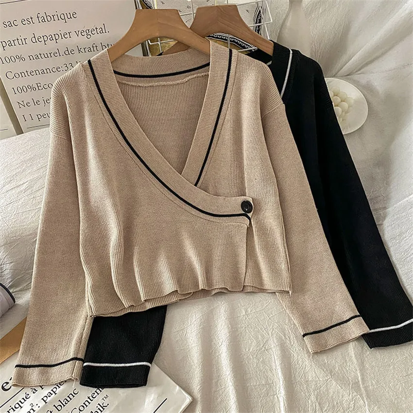 

Korean Fashion Vintage Sweater Front Cross Knitted Cardigan Crop Top Women Long Sleeve Casual Sweater Coat Short Jumper Tops