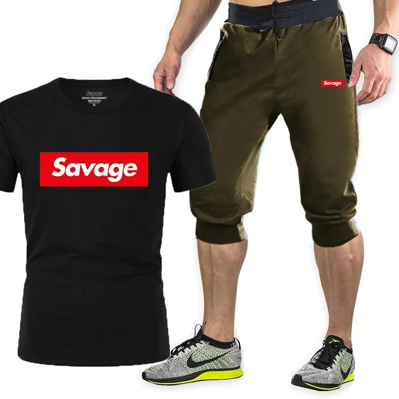 

2021 new summer hot sale shopping fashion new 100% cotton T-shirt hip-hop male shirt printing casual short-sleeved + pants two-p