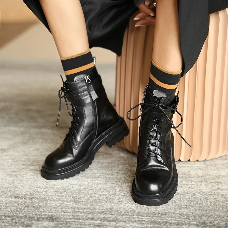 Online Sepatu Bot Martin Kulit Sapi Asli Sepatu Bot Tunggal Platform Berenda Wanita Sepatu Bot Pergelangan Kaki Gaya Inggris Musim Gugur 2020