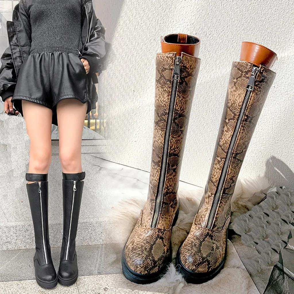 Женские высокие сапоги до колена на молнии из змеиной кожи Зимняя обувь в