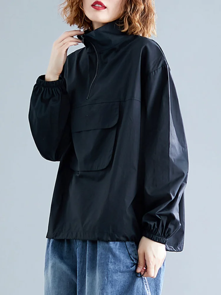 

Turtleneck Women Trench Coat 2021 Summer Nes Lantern Sleeved Loose Solid Casual All Match Female Outwear Coat Tops