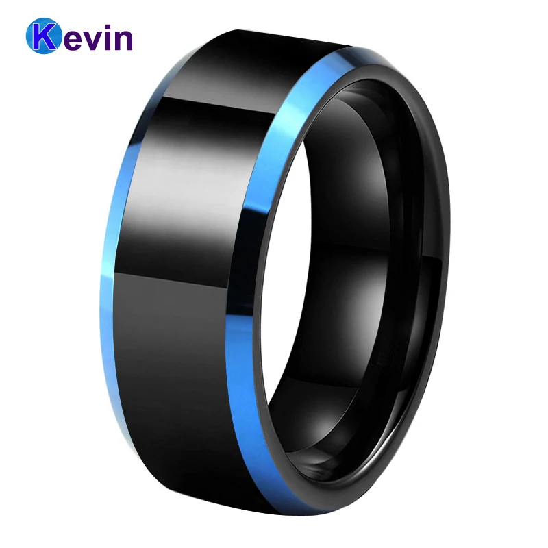 Black Blue Tungsten Carbide Ring Wedding Band For Men Women Bevel Edges And High Polished Finish | Украшения и аксессуары