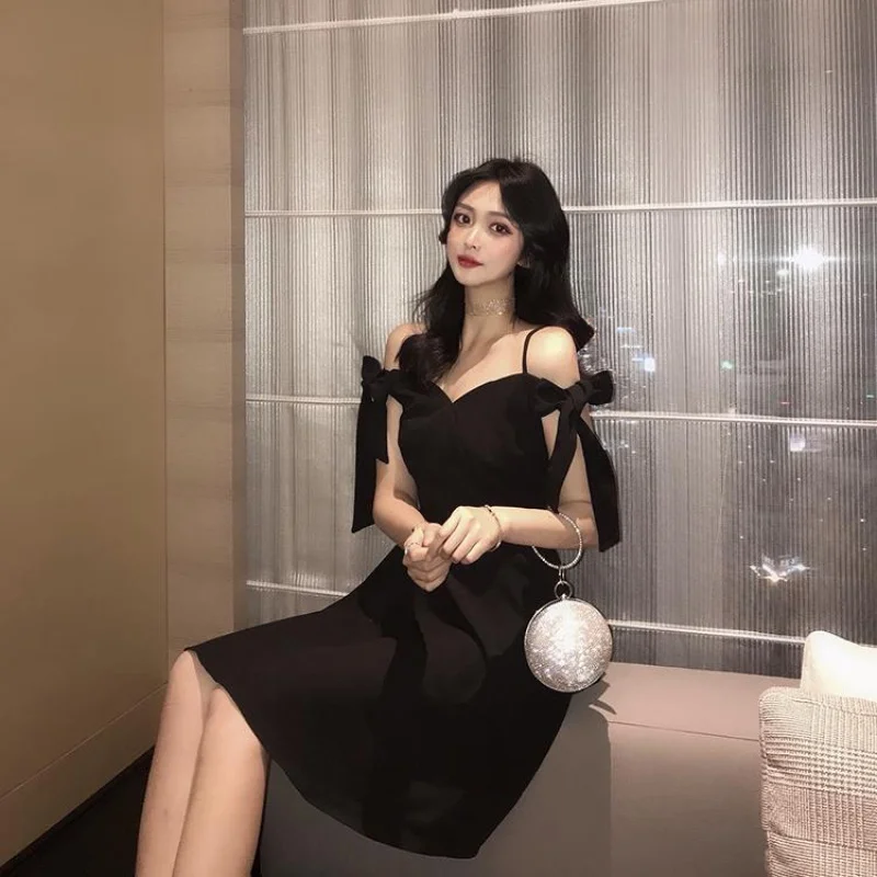 

Bow Black Solid Color Strapless Mini Party Plus Size Oversized Vintage Casual Robe Spring Summer Clothes Dress For Women'S 2021