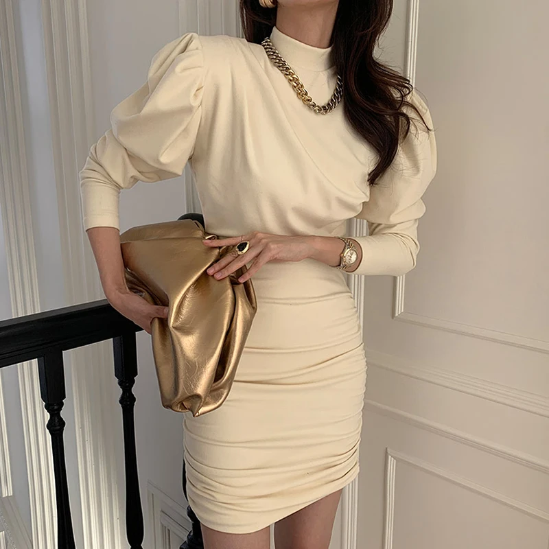 

Elegant Turtleneck Slim Pleated Drawstring Mini Package Hip Dress Fashionable Bubble Sleeve Solid Color Dresses for Women