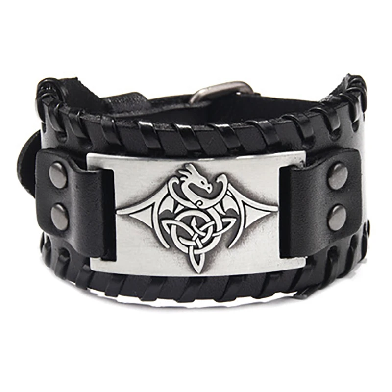 

New Black Totem Design Nordic Viking Flying Dragon Leather Bracelet Men Classic Trendy Braided Rope Alloy Wide Bracelet Jewelry