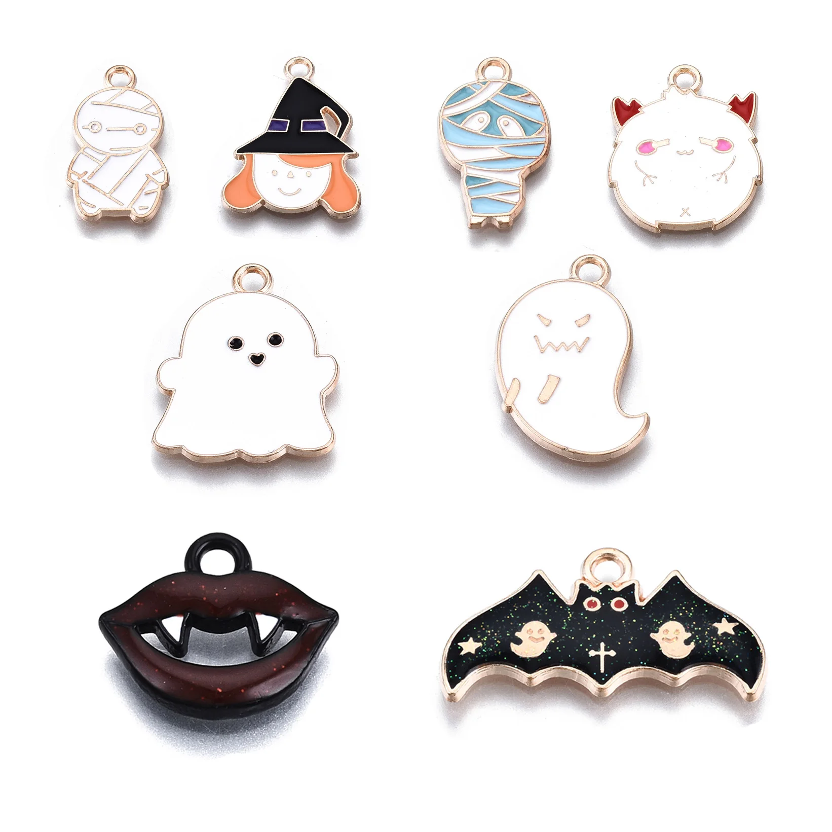 

100Pcs Alloy Enamel Halloween Cute Bat Ghost Witch Mummy Pendant Charms For Bracelet Necklace DIY Jewelry Making Wholesale