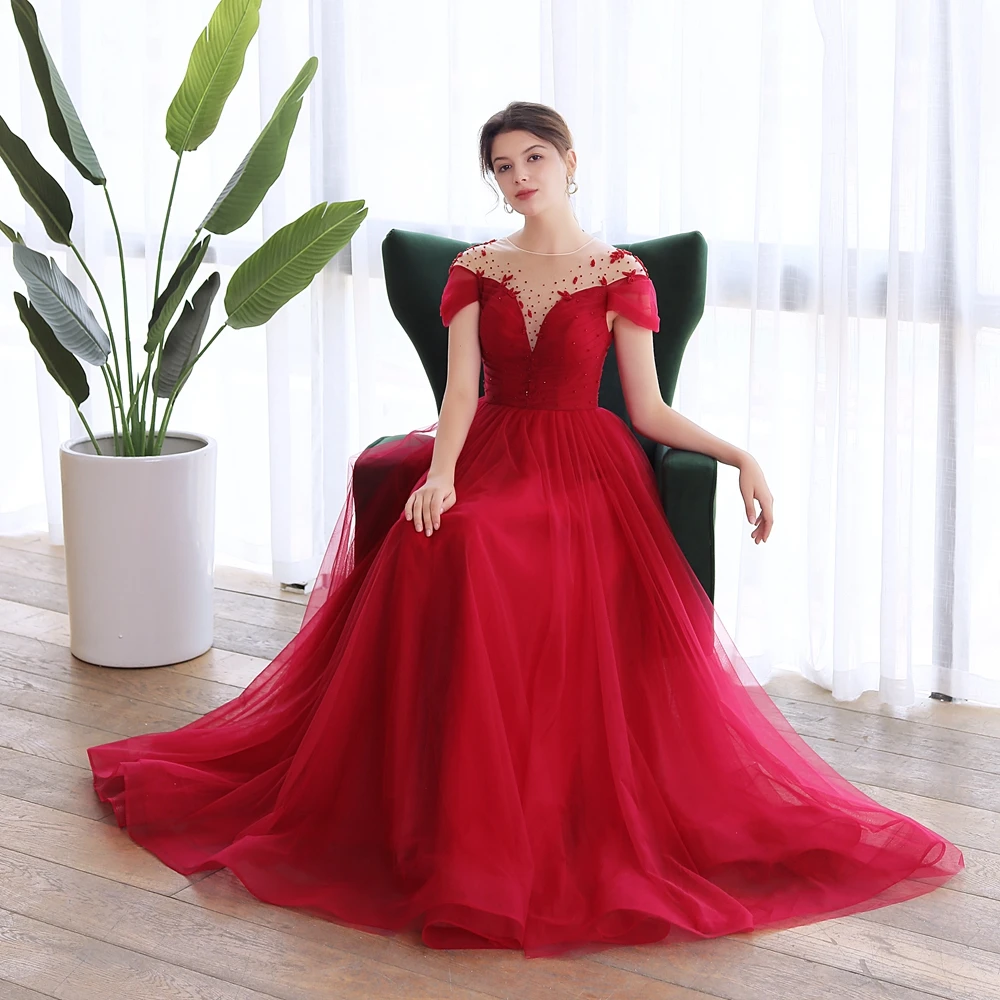

SSYFashion New Wine Red Banquet Elegant Evening Dress Sequins Beading Scoop A-line Long Prom Formal Gown Vestidos De Fiesta
