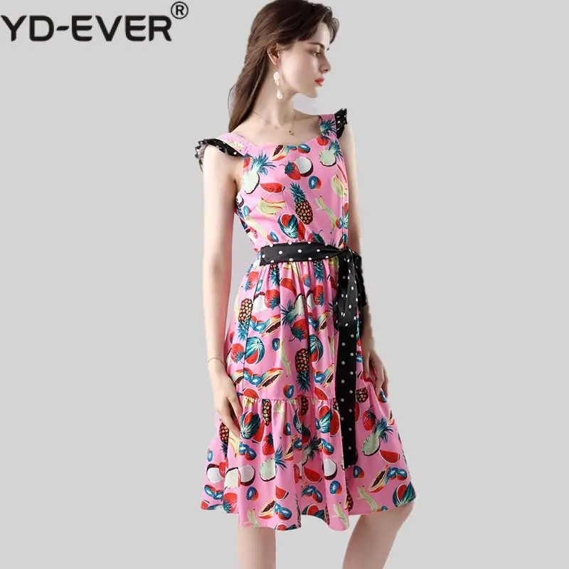 Платье женское летнее хлопковое с поясом в горошек милая майка принтом ананасов