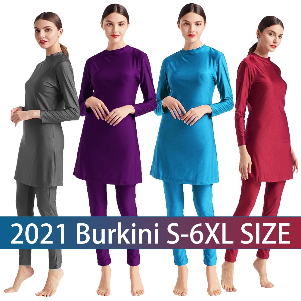 

Solid Islamic Plus Size Two Piece Muslim Fashion Burkini Female Long Sleeve High Waist Swimsuit Women Scarf Beach Bath Mask 6XL