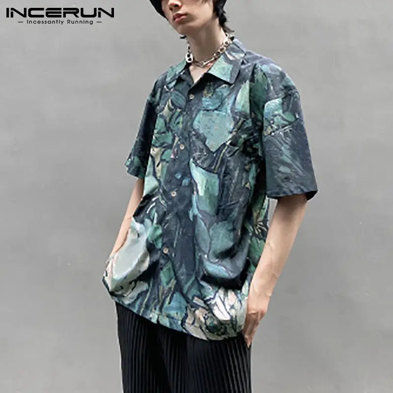 

Man Leisure Pockets Loose Blouse Streetwear INCERUN 2021 Summer Men Printed Shirts Vintage Short Sleeve Lapel Neck Camisa S-5XL