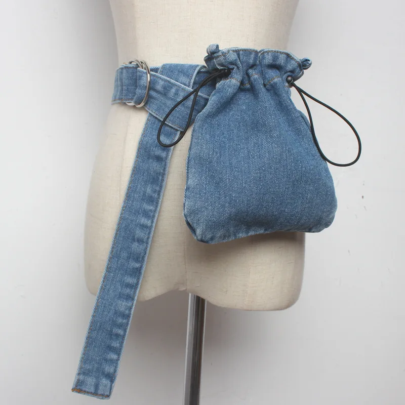 

2020 New Women Blue Denim Waist belt with Drawstring Fanny Pack retro women coat dress decoration All-match