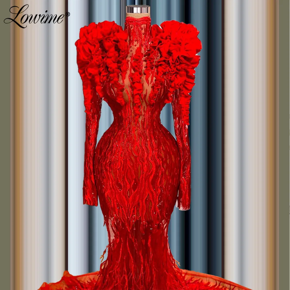 

Lowime Dubai Luxury Long Evening Dresses 2021 Red Feathers Mermaid Party Gown Celebrity Dress Arabic Customized Prom Dress Robes