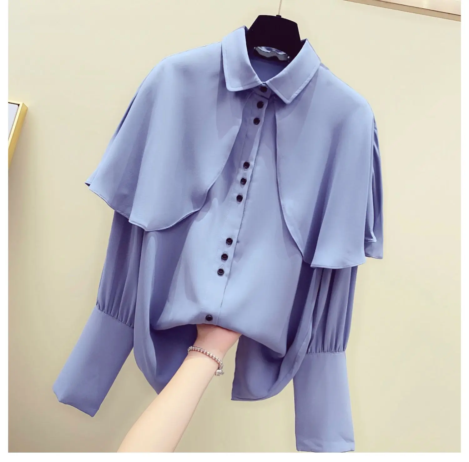 

2021 Spring Autumn Ruffled Chiffon Shirt Long Sleeve New Retro Hong Kong Style Women Top Sweet Loose Fashion Solid Blouse