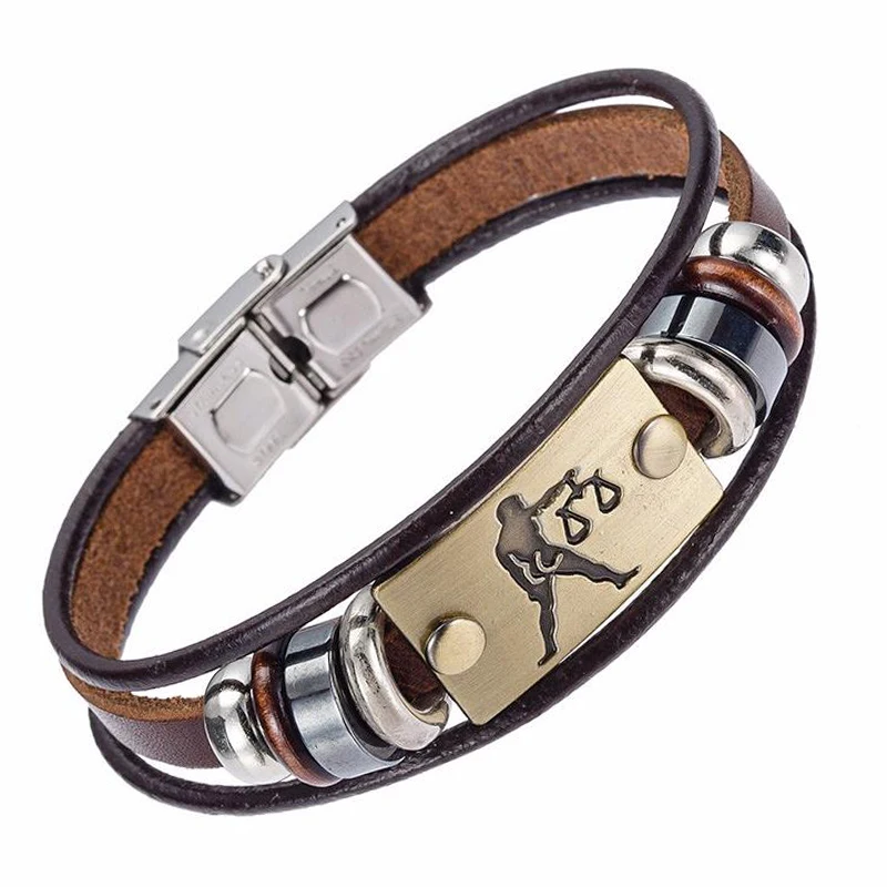 

Unisex Bracelet Europe Vintage Feather Belt Fashion 12 Zodiac Signs Bracelet With Stainless Steel Clasp Leather Bracelet