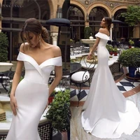 2021 simple summer white mermaid wedding dress satin sweep train plus szie beach bohemian bridal gown