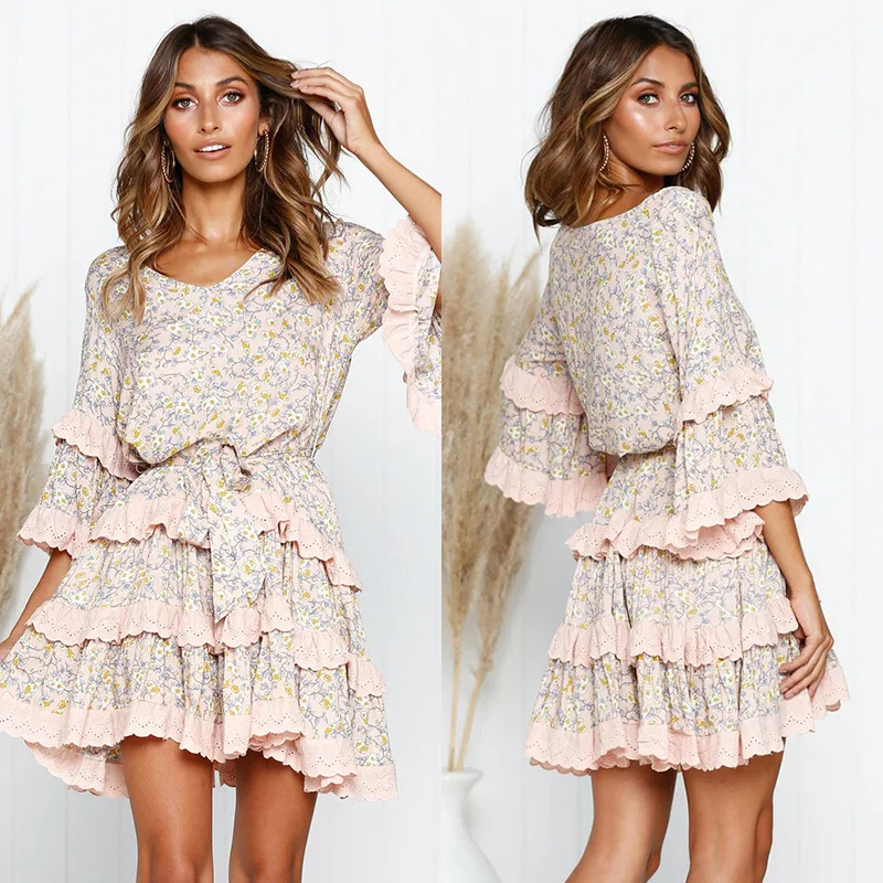 

Fairy Fashion Summer for Trend Print Cascading Ruffle Above Knee Mini Women V-neck Half Loose Lace Dress