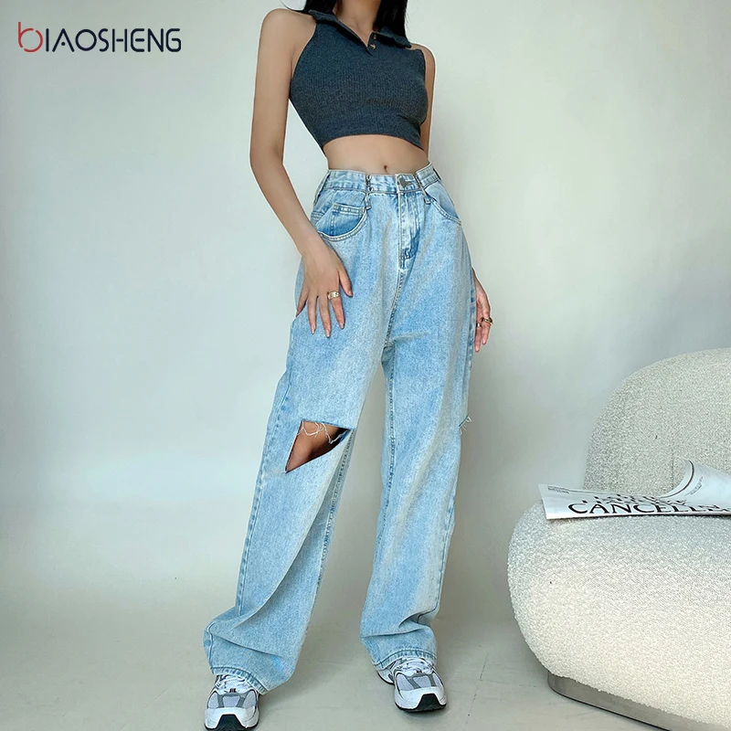 Baggy Jeans Women 2021 High Waist Casual Denim Trousers Fashion Loose Blue Elegant Ripped Jeans Straight Leg Pants Streetwear