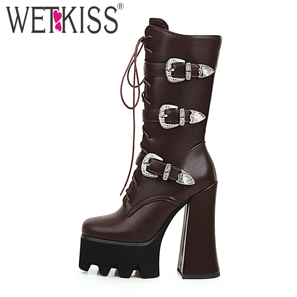 

Wetkiss Women Autumn&Winter New High Heels Boots Metal Buckle Block Short Thick Platform Boots Motorcycle Square Toe Shoes MM937