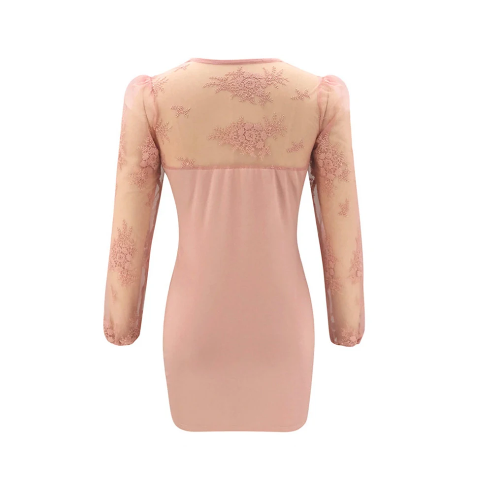 

Women Lady Fashion Elegant Lace Mini Dress Elegnat Mesh long sleeve V Neck Floarl Bodycon Ladies Dresses Party Club Slim Dress