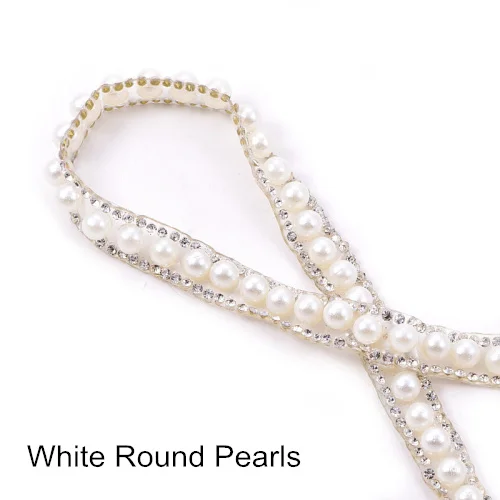 White Round Pearls 1 ярд жемчуг стразы на цепочке Горячая фиксация стразы на цепочке ленточная отделка Горячая фиксация патчи аппликация B3782 - Цвет: White Round Pearls