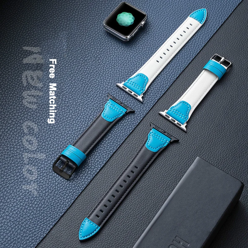 2 Color Matching For Apple Watch Band Strap 38mm 40mm 42mm 44mm, Genuine Leather Replacement Strap SE Series 6 5 4 (44mm)