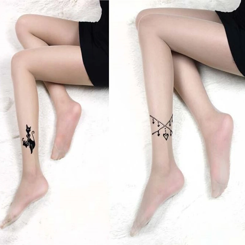 

LJCUIYAO New Arrival Thin Women Pantyhose Sexy Solid Tattoo Printing Tights For Stockings Girls Gift Transparent Pattern Tights