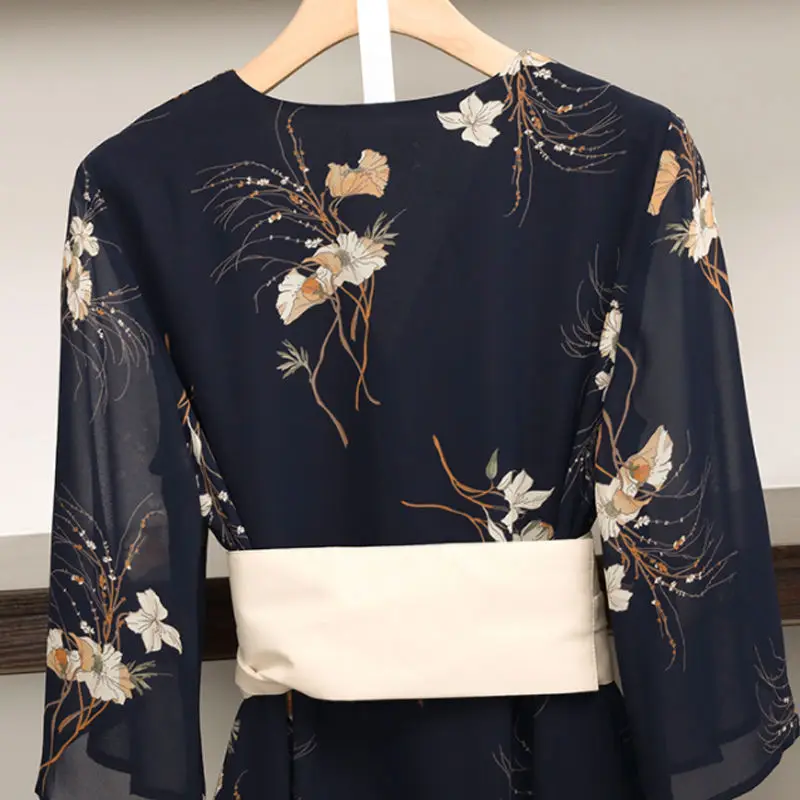 

2020 New Summer Women Vintage Chiffon Floral Printed Dresses Female Chinese Style V-Neck Bow Tie Lace-Up Dresses Vestidos Z248