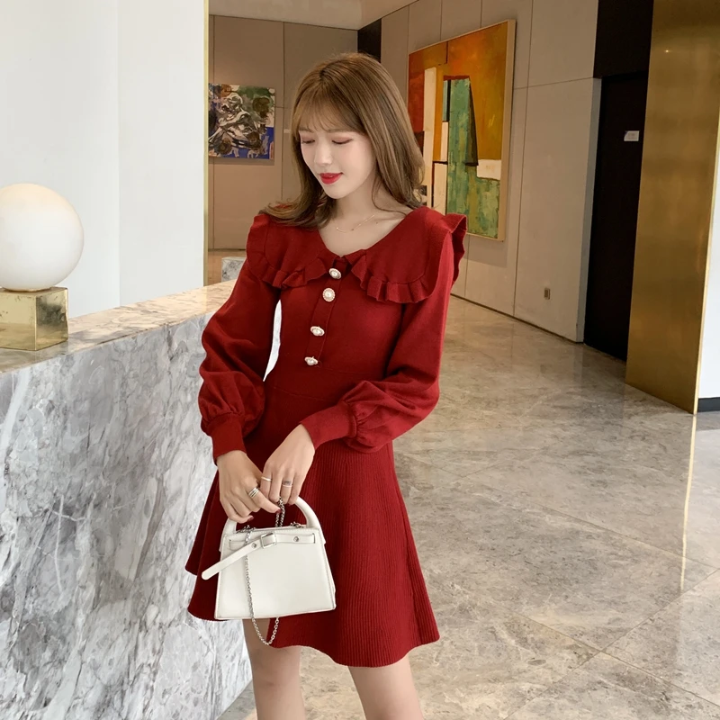 

Women Dress Autumn 2021 Office Lady Korea Style Cute Knitting Long Sleeve Solid Peter Pan Collar High Waist Red Black Dresses