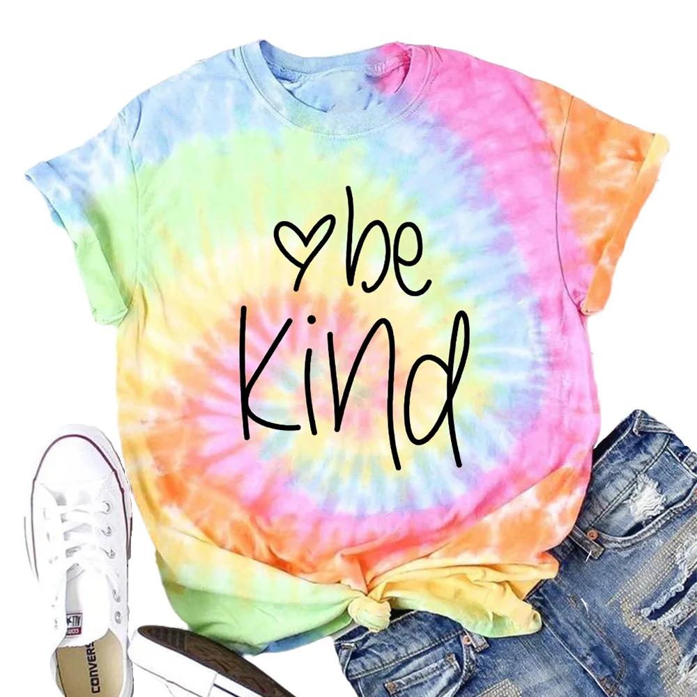 

Carney women's top popular tie dye bekind printed round neck short sleeve T-shirt