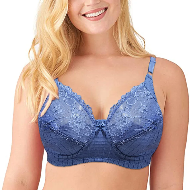 

Женский кружевной бюстгальтер, синий тонкий бюстгальтер большого размера с полным покрытием, чашка 32 34 36 38 40 42 44 46 D E F