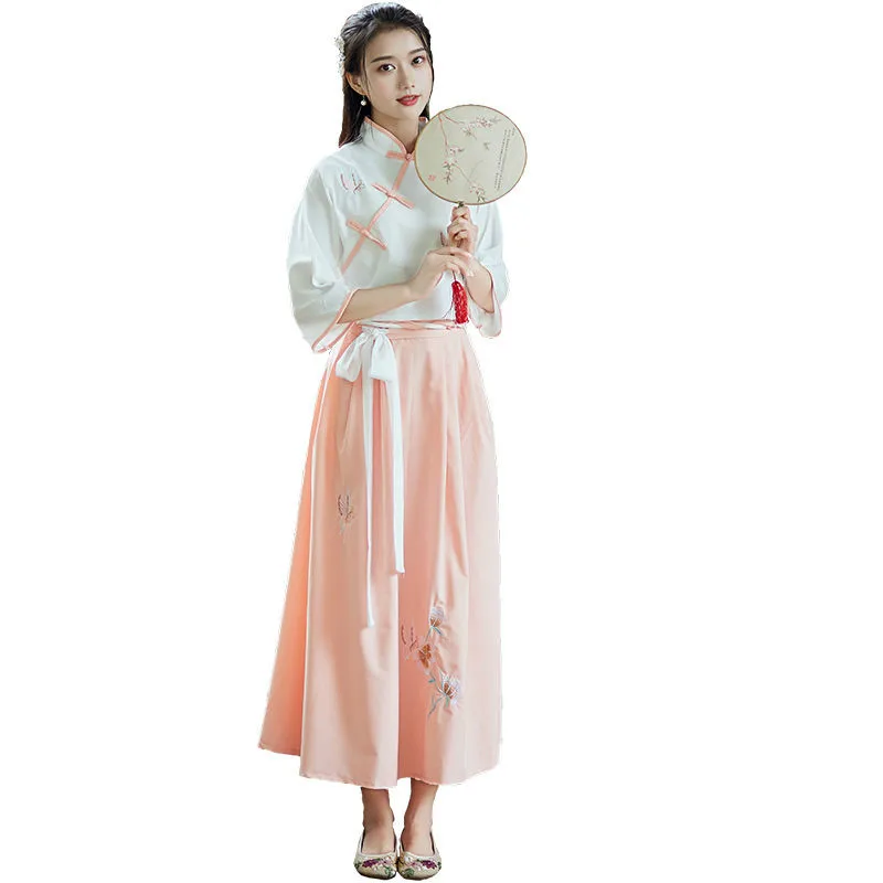 

2020 New Chinese Style Traditioanl Hanfu Dance Stage Costume Dresses Fairy Elegant Embroidery Butterfly Flower Skirt+Tops Sets