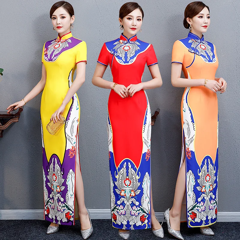 

Элегантное традиционное атласное платье в китайском стиле Ципао с воротником-стойкой и принтом, винтажное женское вечернее платье большог...
