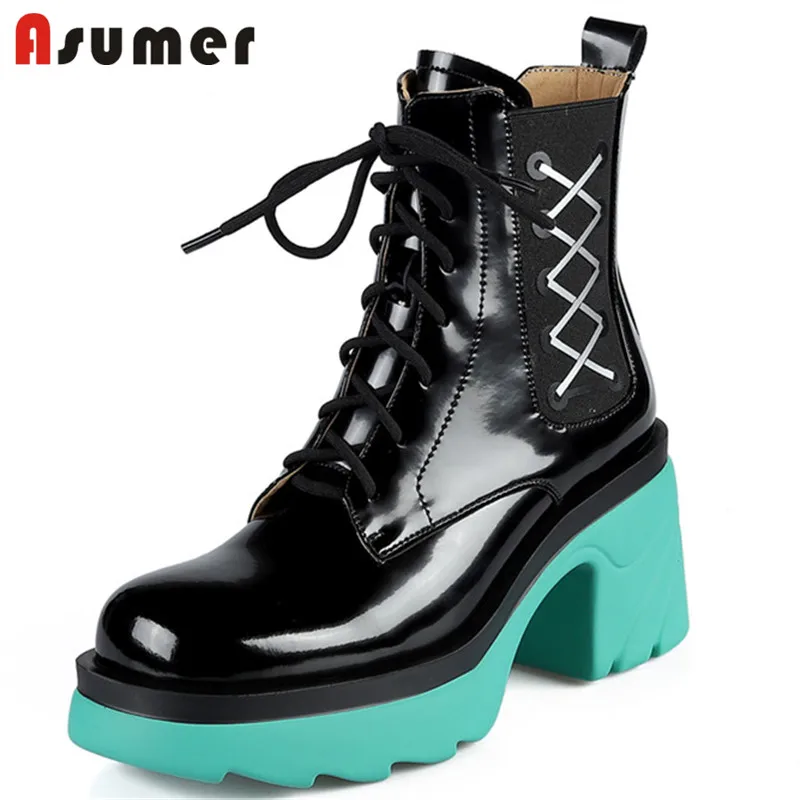 

Asumer 2022 Hot Sale Ankle Boots For Women High Heels Platform Shoes Genuine Leather Boots Cross Tied Winter Fashion Shoes Lady