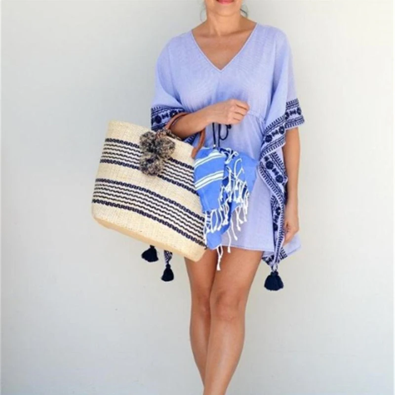 Плетеная соломенная сумка ручной работы в полоску для отдыха европейском и