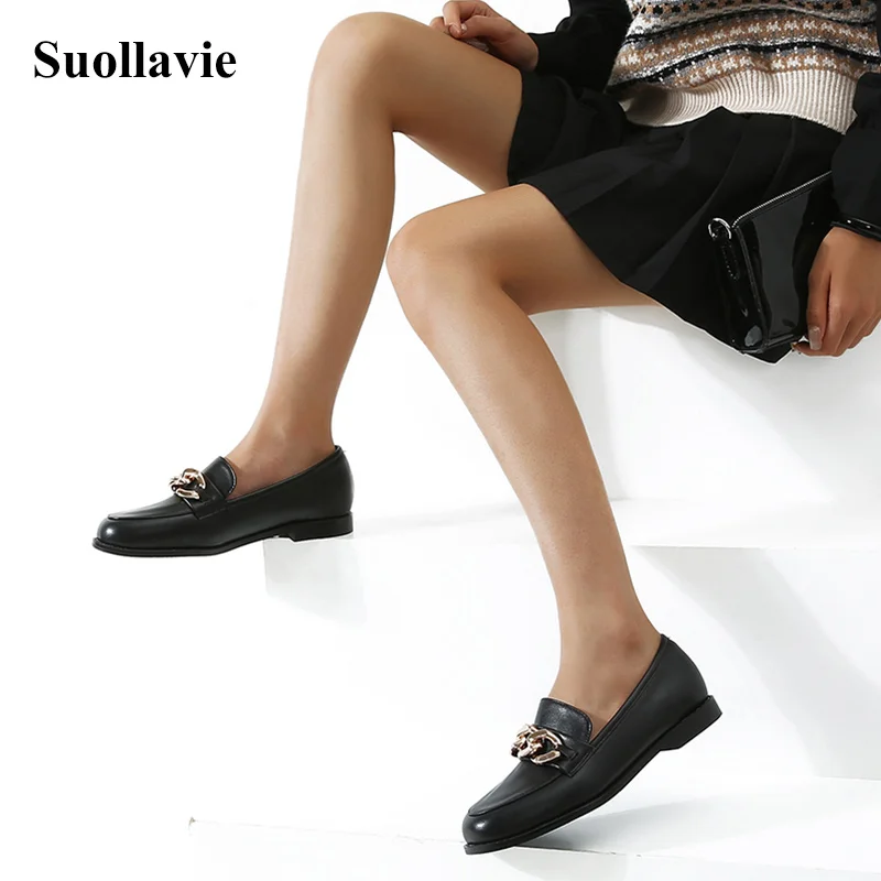 

Кожаные туфли-лодочки Suollavie, 2021 г., женские туфли с металлической пряжкой, неглубокий низкий каблук, повседневные Черные женские офисные каб...