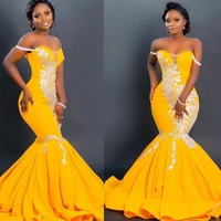 off shoulder mermaid prom dresses yellow applique lace custom made evening dress charming sweep train robe de mari%c3%a9e
