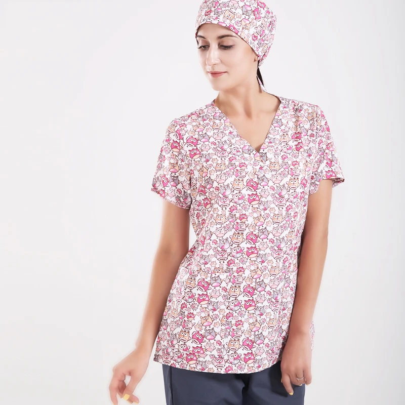 

Owl Print Women's Scrub Set Workwear Uniforms Scrubs Clothing Top and Pant V Neck Short Sleeves Drawstring Waist Suits 18SS055