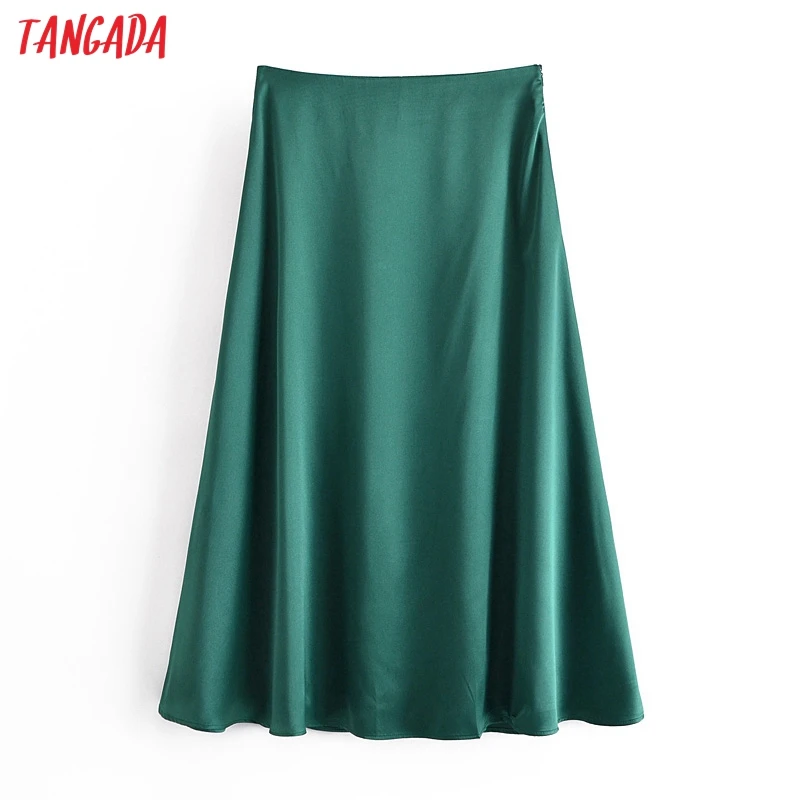 

Tangada Women Zipper Green Satin Midi Skirt Faldas Mujer Vintage Office Ladies Elegant Chic Mid Calf Skirts QN31