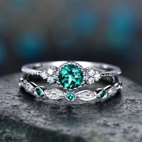 2 pcsset wedding engagement ring set silver color mirco paved green crystal zircon rhinestone bridal women jewelry