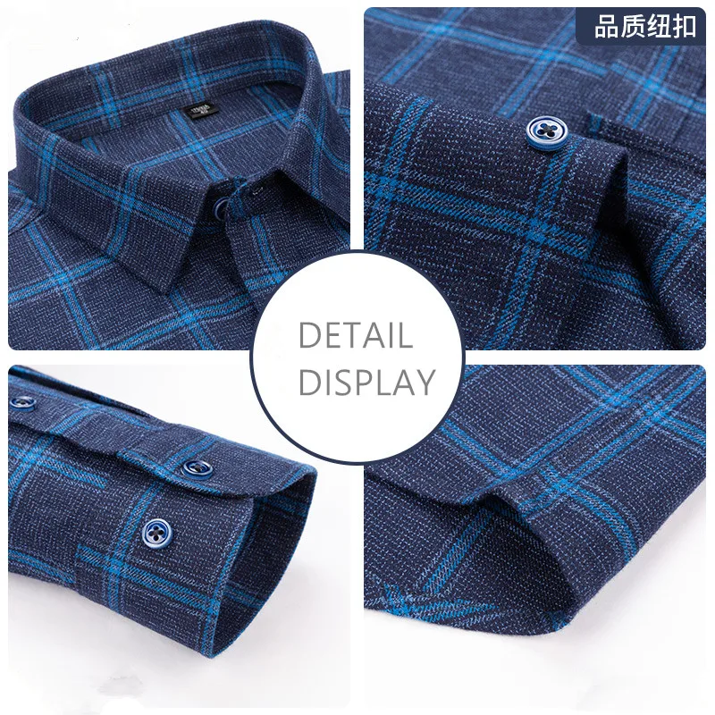 

Men's Cotton Shirt Luxury Brand Long Sleeve Plaid Casual Brushed Soft Comfort Thick Regular Fit Button Checkered Chemise Homme