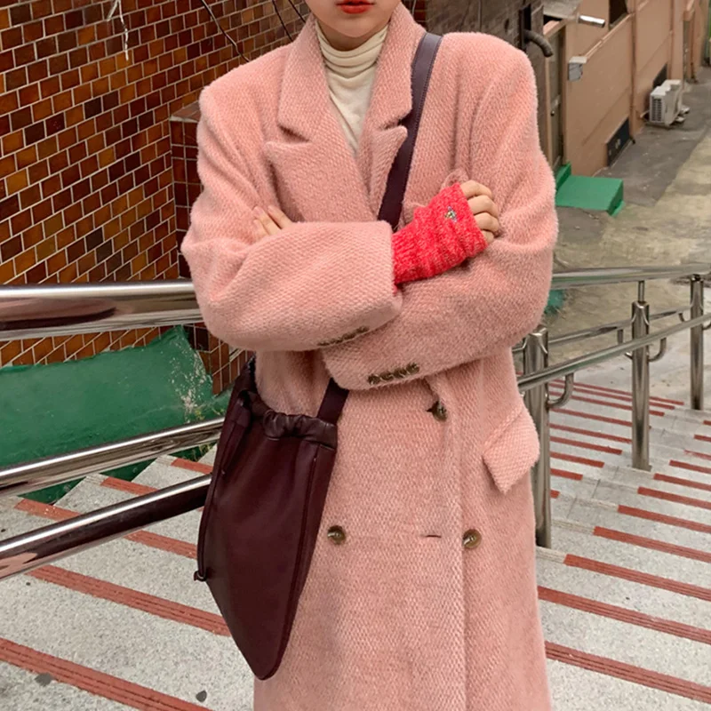 

FAKUNTN Winter New 2021 Autumn ] Elegante Over Knee Turn-down Collar Long-sleeved Pink Straight Minimalist Woolen Overcoat