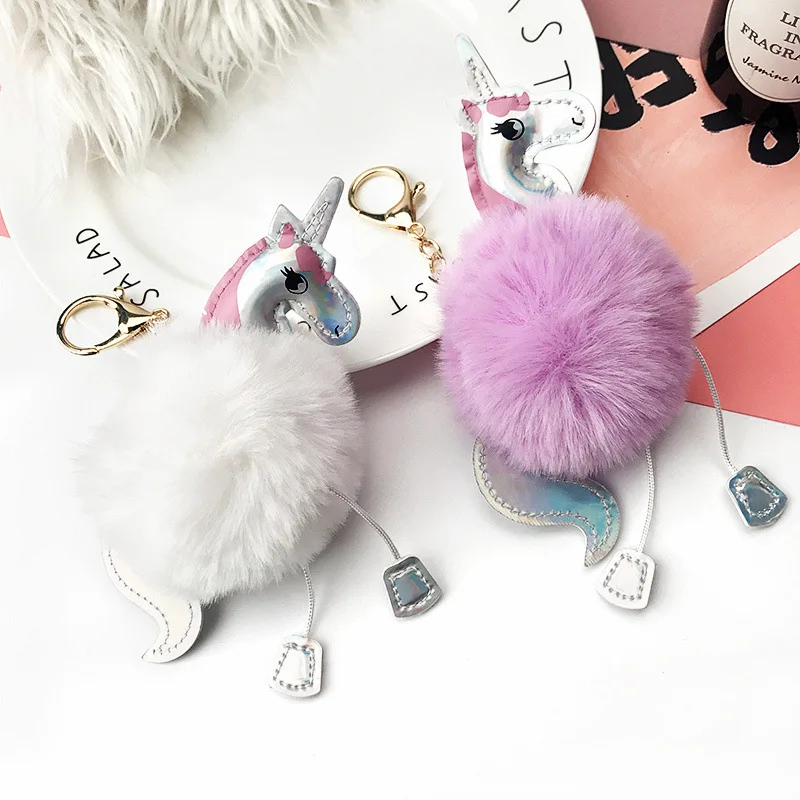 Cute Unicorn pompom Keychain Fluffy Fake Rabbit fur ball Keychains For Women Bag Charm Pendant Fashion Car Keyring Birthday gift | Украшения
