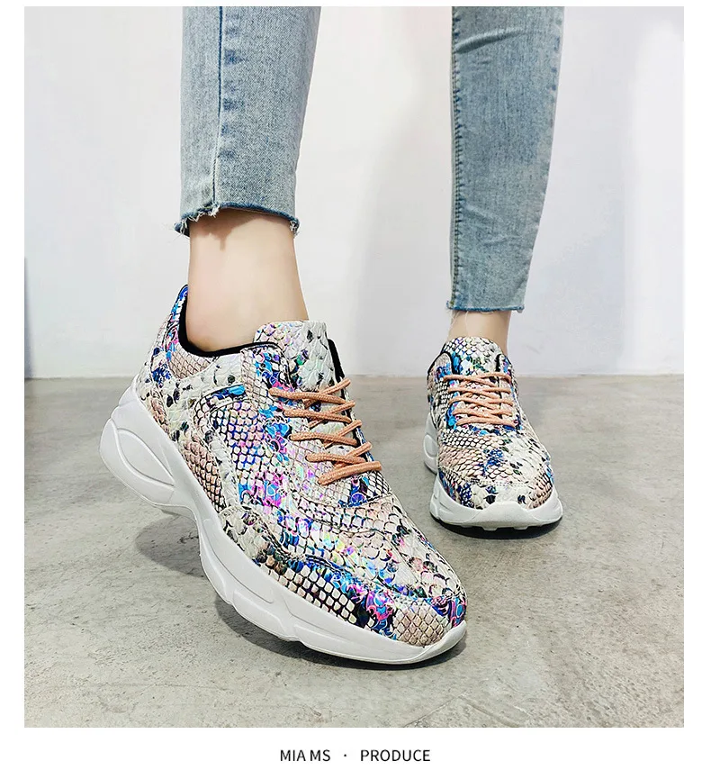 

Fujin Women Sneakers Lace Up Flower Snake Print Platform Heel Shoes Sneakers Chunky Comfortable Durable Quality Walking Shoes