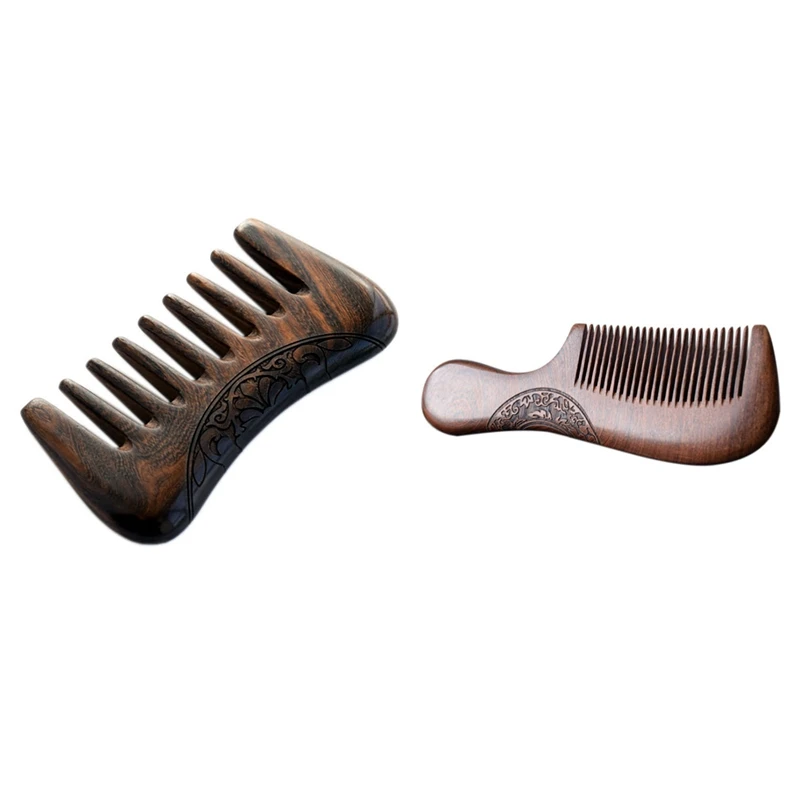 

2PCS Hand-Carved Flower Natural Sandalwood Hair Comb - Anti-Static Sandalwood Hair Comb Pocket Combs Massage Comb
