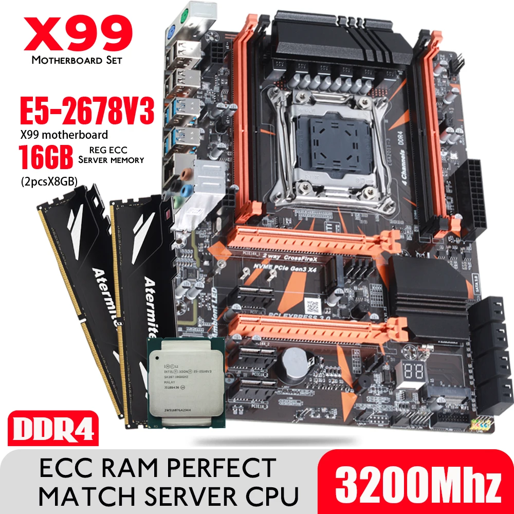 Atermiter X99 D4 DDR4 набор материнских плат с Ксеон E5 2678 V3 LGA2011 3 Процессор 2 шт. X 8 ГБ = 16 Гб