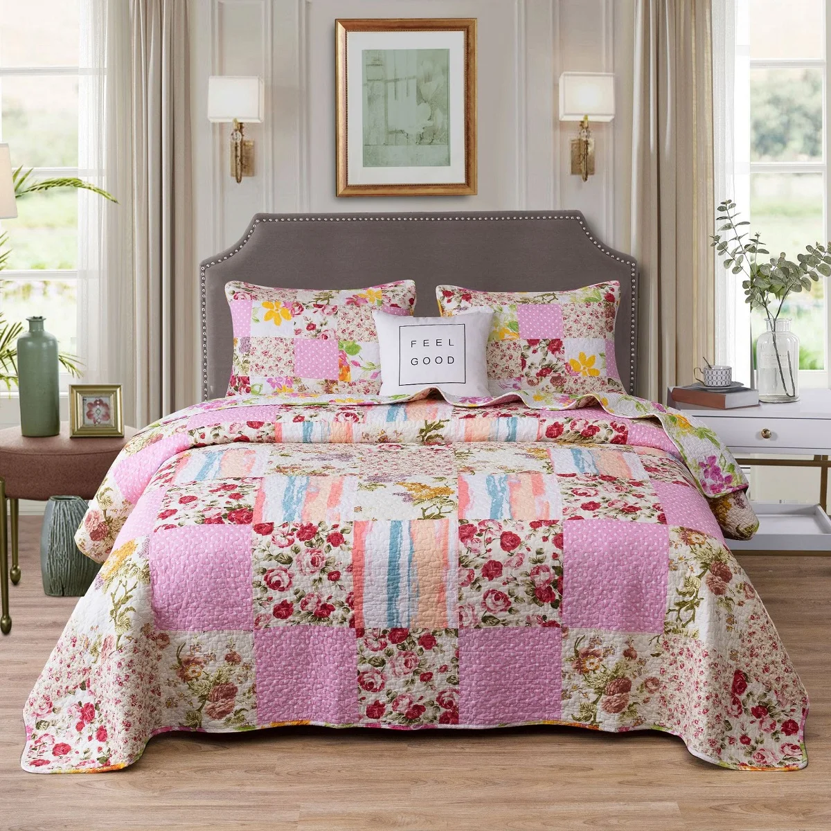 

CHAUSUB Pastoral Printed Cotton Quilt Set 3PCS Bedspread on the Bed Pillowcase Queen Size Summer Blanket for Bed Coverlet
