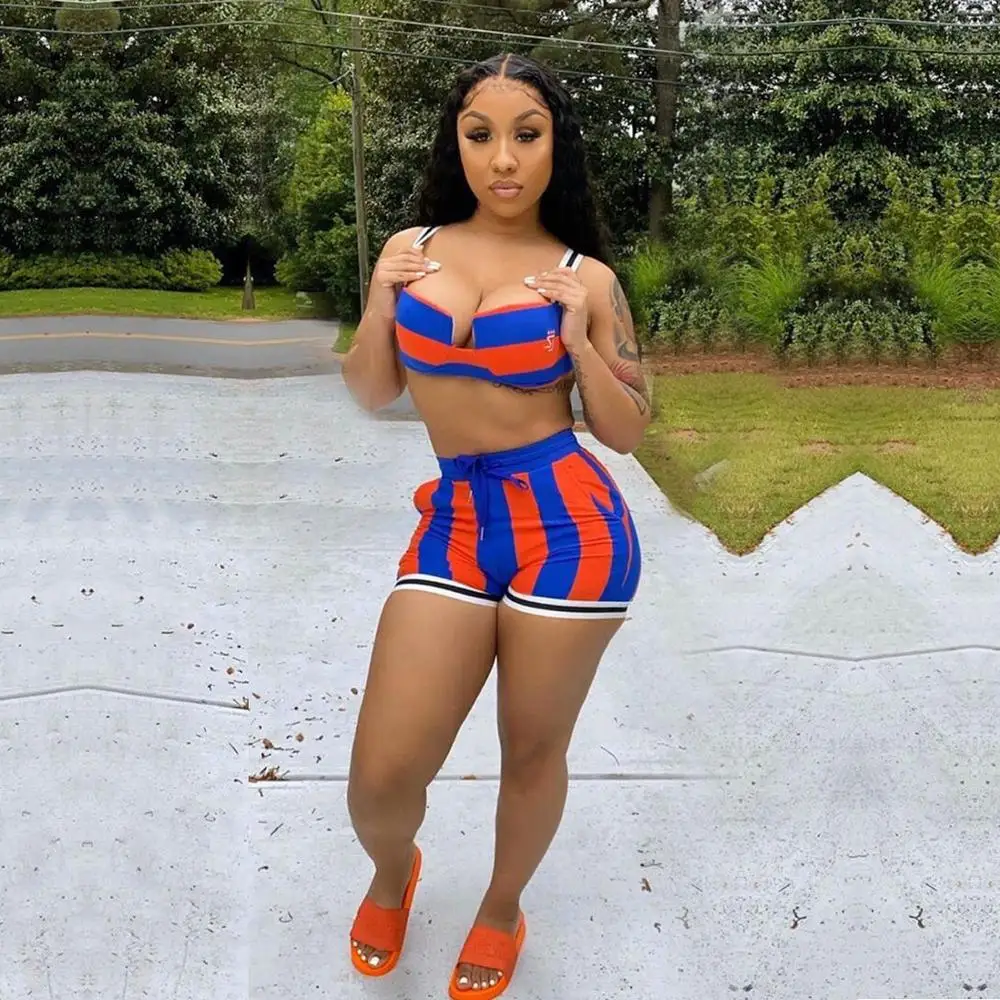 

2020 Europe new leisure stripe printing sports suit fashion slim U-neck suspender bra and shorts women's two-piece set
