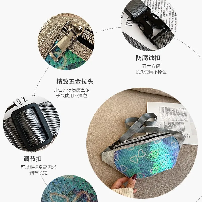 Sequined Waist Bag Chest Bag Women's New Style Mobile Phone Messenger Bag Female Fashion Pu Laser Waist Bag Korean-Style