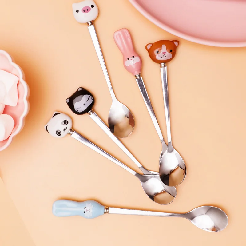 Милая мультяшная ложка для кофе и чая с животными кошкой пандой Кроликом